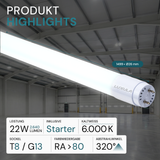 LED T8 Röhre, 150 cm, 120 lm/W, 22 W, 2640 lm, 6000 K (kaltweiß), mit Brücke