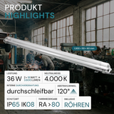 LED Wannenleuchte 120 cm, inkl 2x18W LED-Röhren T8, durchschleifbar, 4000K, IP65, IK08