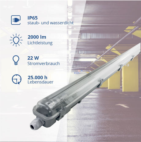 LED-Wannenleuchte, 22 W, 2000 lm, 6000 K, 158,5 cm, IP65, 1 flammig.