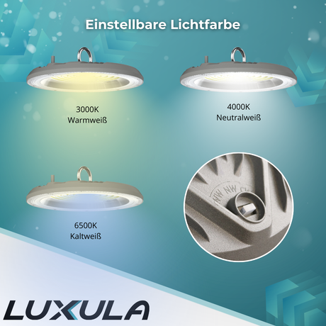 10er-Pack LED-Highbay, Hallenstrahler rund, grau, 100 W, 10000 lm, CCT 3000-6500 K (warm-, neutral-, kaltweiß), IP65.