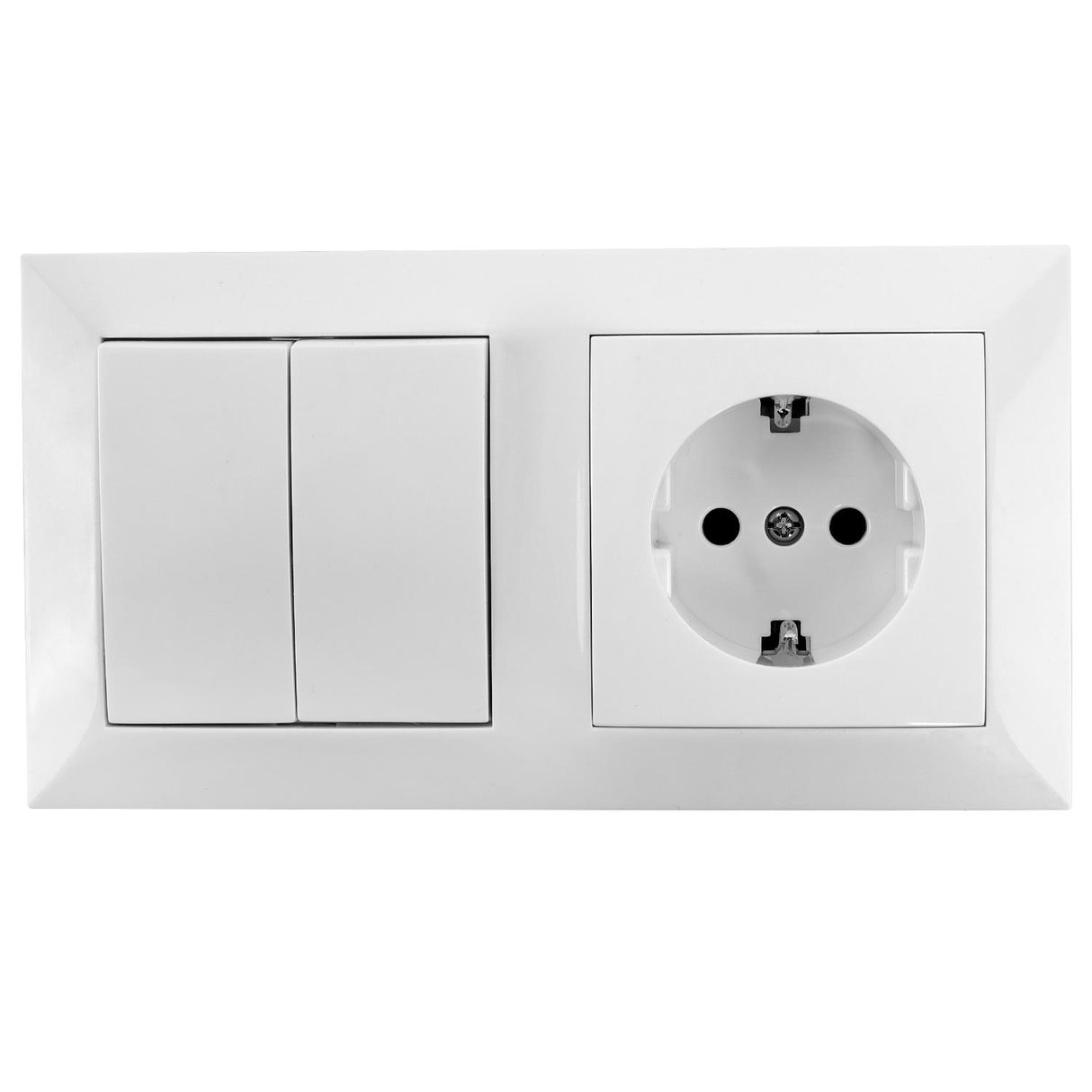 Schutzkontakt-Steckdose mit 2 Wechselschaltern, 16 A, 250 V, weiß.