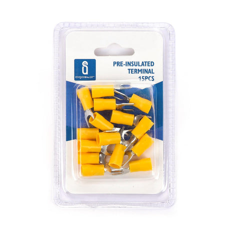 Gabel-Kabelschuhe, isoliert, 15 Stk., 5,5 - 6 mm², 25,5 x 9,8 x 6,7 mm, gelb.
