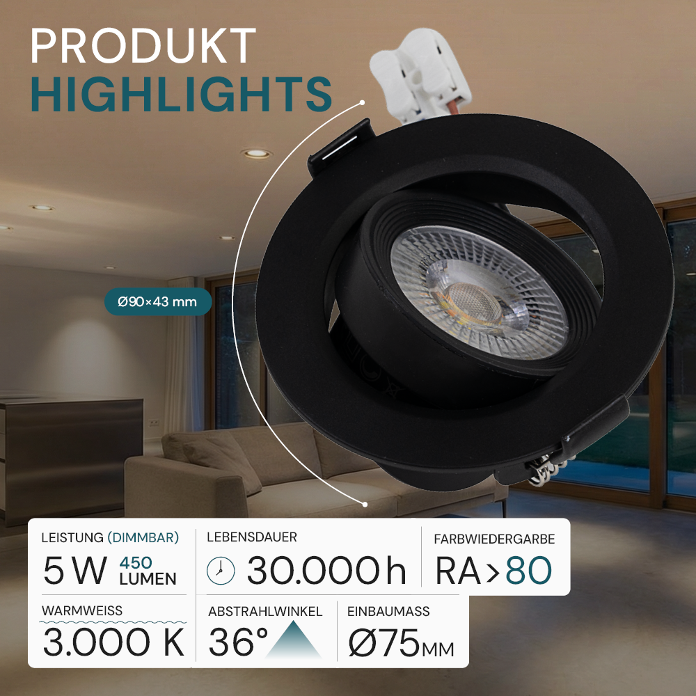 LED Downlight, schwenkbar, in Schwarz, 5 W, 450 lm, 3000 K (warmweiß), 38°, Einbaustrahler