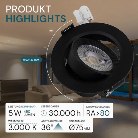 LED Downlight, schwenkbar, in Schwarz, 5 W, 450 lm, 3000 K (warmweiß), 38°, Einbaustrahler