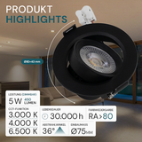 LED CCT Downlight, dimmbar, schwenkbar, in Schwarz, 5 W, 450 lm, 3000 - 6500 K (einstellbar), 38°, Einbaustrahler