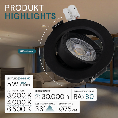 LED CCT Downlight, dimmbar, schwenkbar, in Schwarz, 5 W, 450 lm, 3000 - 6500 K (einstellbar), 38°, Einbaustrahler