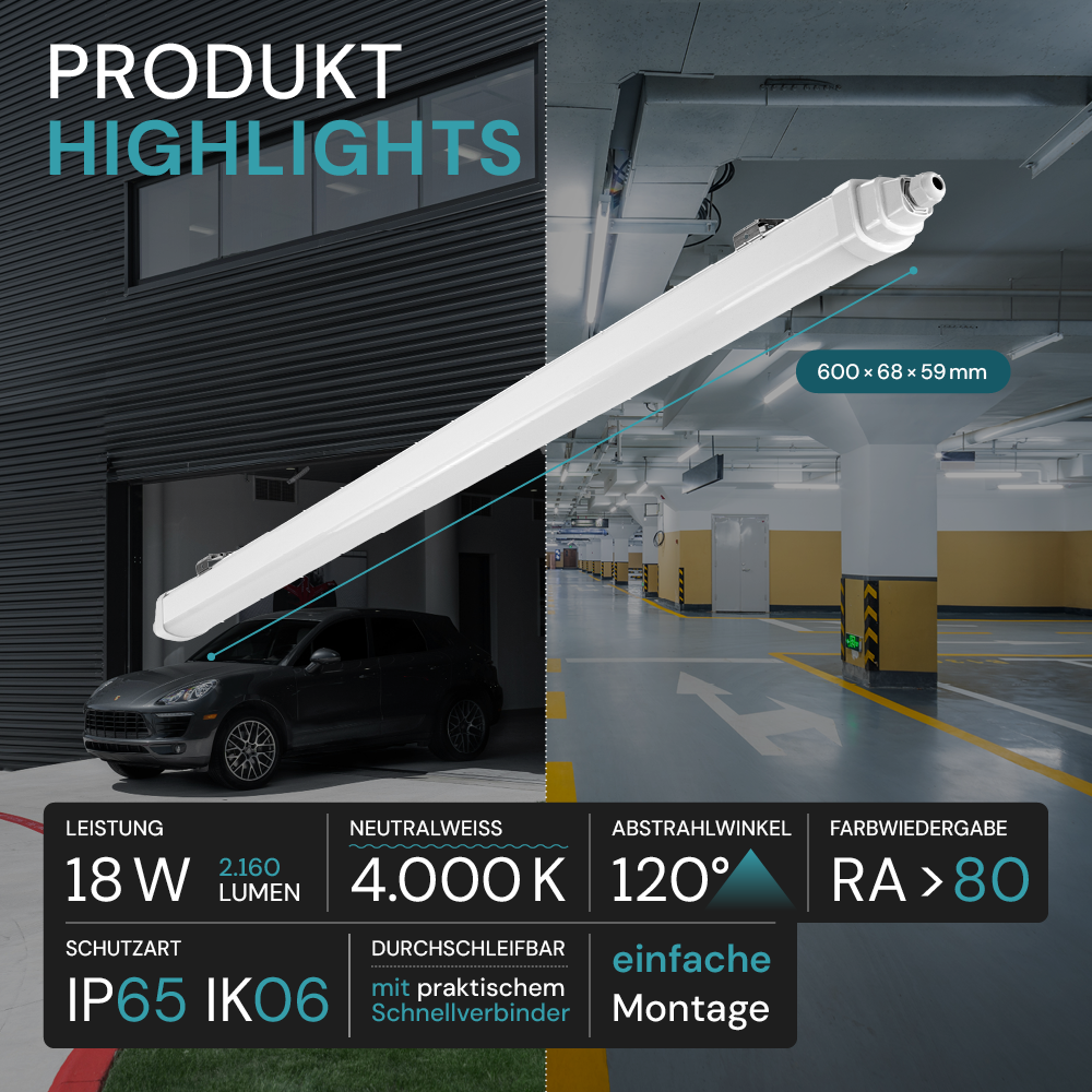 LED Feuchtraumleuchte, 60 cm, 18 W, 2160 lm, 4000 K (neutralweiß), IP65, IK06, durchschleifbar, mit Quick Connector