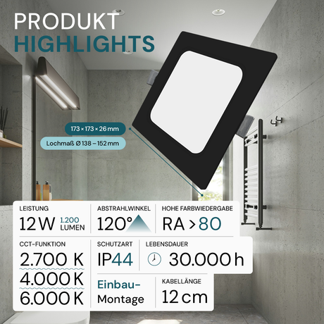 LED Einbauleuchte in Schwarz, 12 W, 230 V, IP44-geschützt, 1200 lm, Lichtfarbe einstellbar, 173x26 mm, Einbaustrahler mit Diffusor, Badezimmer Deckenleuchte