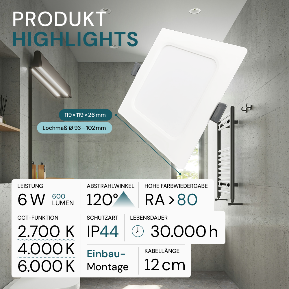 LED Einbauleuchte in Weiß, 6 W, 230 V, IP44-geschützt, 600 lm, Lichtfarbe einstellbar, 119x26 mm, Einbaustrahler mit Diffusor, Badezimmer Deckenleuchte