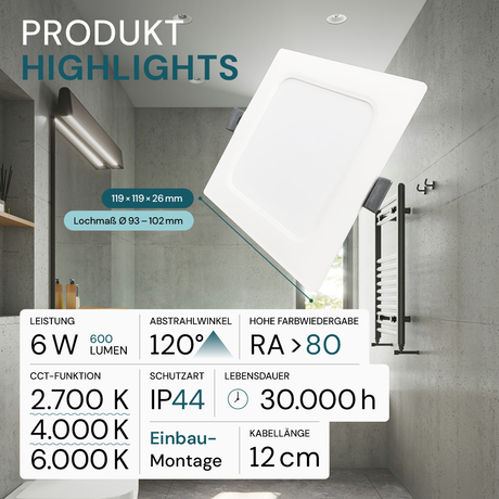 LED Einbauleuchte in Weiß, 6 W, 230 V, IP44-geschützt, 600 lm, Lichtfarbe einstellbar, 119x26 mm, Einbaustrahler mit Diffusor, Badezimmer Deckenleuchte