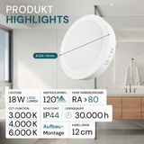 LED Aufbauleuchte in Weiß, 18 W, 230 V, IP44-geschützt, 1800 lm, Lichtfarbe einstellbar, Ø224x35 mm, Deckenleuchte mit Diffusor, Badezimmerlampe