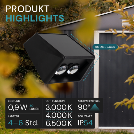 Solar LED Wandleuchte Außen, Up/Down, 2-flammig, 3 Lichtfarben einstellbar (CCT), IP54-wasserdicht, mit Akku, lange Leuchtdauer, Gartenleuchte