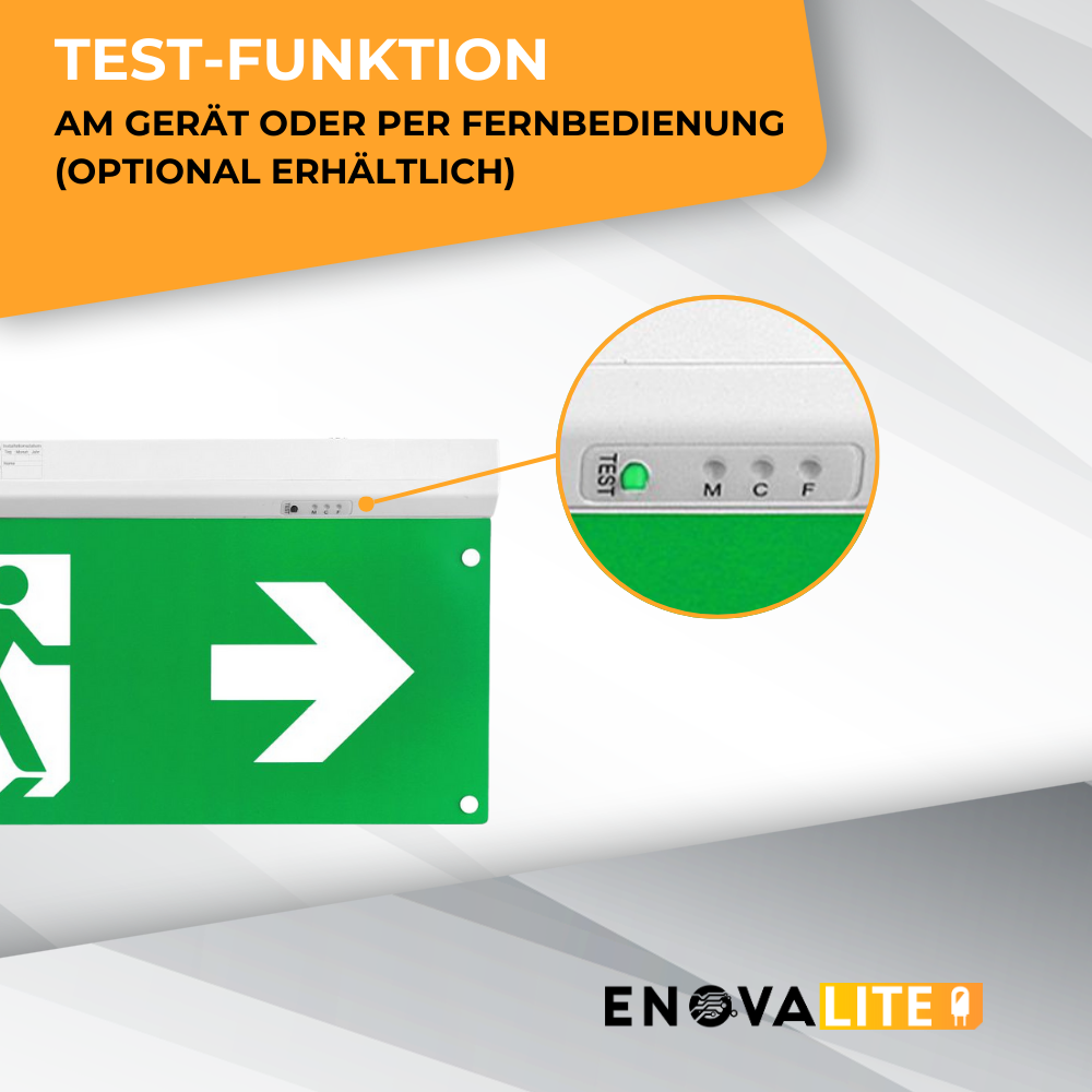 LED-Fluchtwegleuchte 5in1, Notausgang mit Notstromeinheit, TEST-Funktion, Decken- und Wandmontage, Ein- und Aufbau.