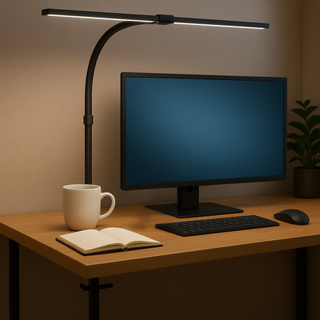 LED-Schreibtischlampe, Doppelkopf, in Schwarz, dimmbar, 5 Farbtemperaturstufen, 24 W, 800 lm, klemm- und verstellbare Monitorlampe.