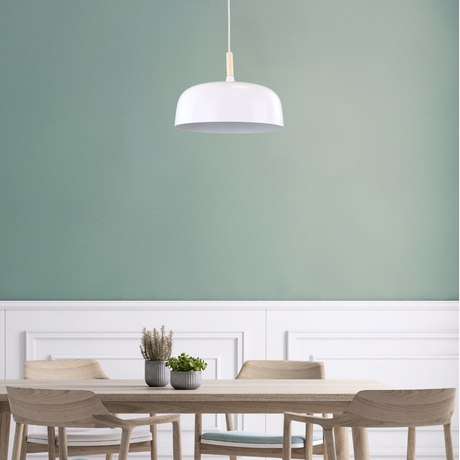 Moderne Pendelleuchte in weiß, runde Form, aus Metall, E27-Fassung, IP20, Ø30 cm.