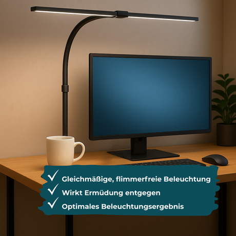 LED-Schreibtischlampe, Doppelkopf, in Schwarz, dimmbar, 5 Farbtemperaturstufen, 24 W, 800 lm, klemm- und verstellbare Monitorlampe.