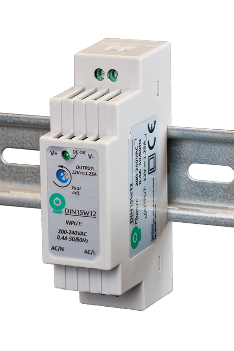 DIN15: Schaltnetzteil, Hutschiene 15 W Serie, Konstantspannung, 12 V DC / 1,25 mA.