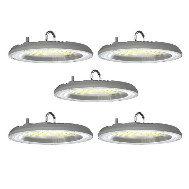 5er-Pack LED-Highbay, Hallenstrahler rund, grau, 100 W, 10000 lm, CCT 3000-6500 K (warm-, neutral-, kaltweiß), IP65.