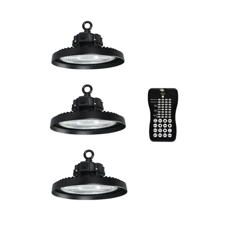 3er-Pack LED-Hallenstrahler, mit Bewegungsmelder, Leistung einstellbar, 100/150/200W, 4000 K (neutralweiß), 17000-34000 lm, IP65, 0-10V dimmbar, inkl Fernbedienung.