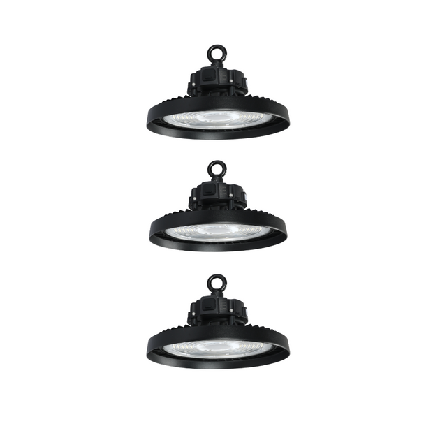3er-Pack LED-Hallenstrahler, mit Bewegungsmelder, Leistung einstellbar, 100/150/200W, 4000 K (neutralweiß), 17000-34000 lm, IP65, 0-10V dimmbar.