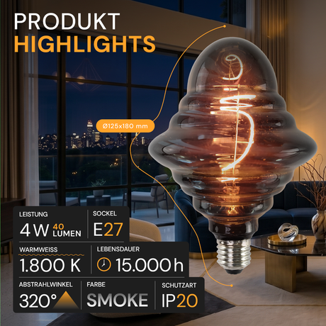 LED Filament Leuchtmittel, UFO, SMOKE, UFOG125, E27, 4 W, 40lm, 1800K, dimmbar