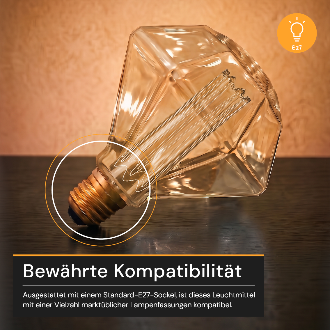 LED Filament Leuchtmittel, DIAMANT, AMBER, D125L, E27, 3.5 W, 120lm, 1800K, dimmbar.
