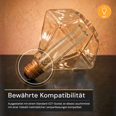 LED Filament Leuchtmittel, DIAMANT, AMBER, D125L, E27, 3.5 W, 120lm, 1800K, dimmbar.
