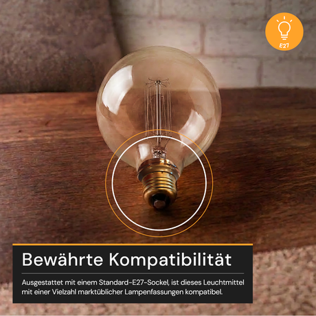 LED Filament Leuchtmittel, RUND, AMBER, G125, E27, 3.5 W, 120lm, 1800K, dimmbar