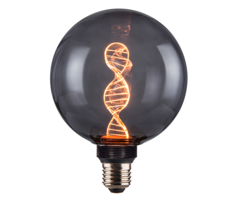 LED Filament Leuchtmittel DNA schwarzes Glas, inkl schwarzer E27-Fassung mit Textilkabel 1,5m, E27, 3.5W, 120lm, 1800K, dimmbar.