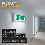 LED-Fluchtwegleuchte mit Notstromakku 3h, TEST-Funktion, Dauer- & Notbetrieb, IP65