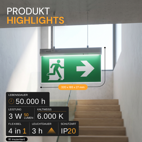 LED-Fluchtwegleuchte 4in1 mit Notstromakku 3h, TEST-Funktion, Dauer- & Notbetrieb