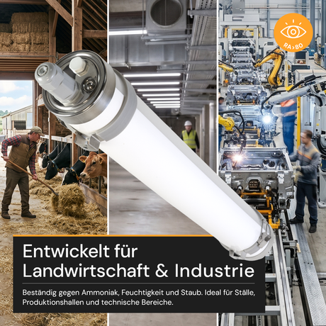 LED-Feuchtraumleuchte, 60 cm, 18 W, 2520 lm, 4000 K, IP69K, ammoniakbeständig, Brandschutz, durchschleifbar, Rohrleuchte.