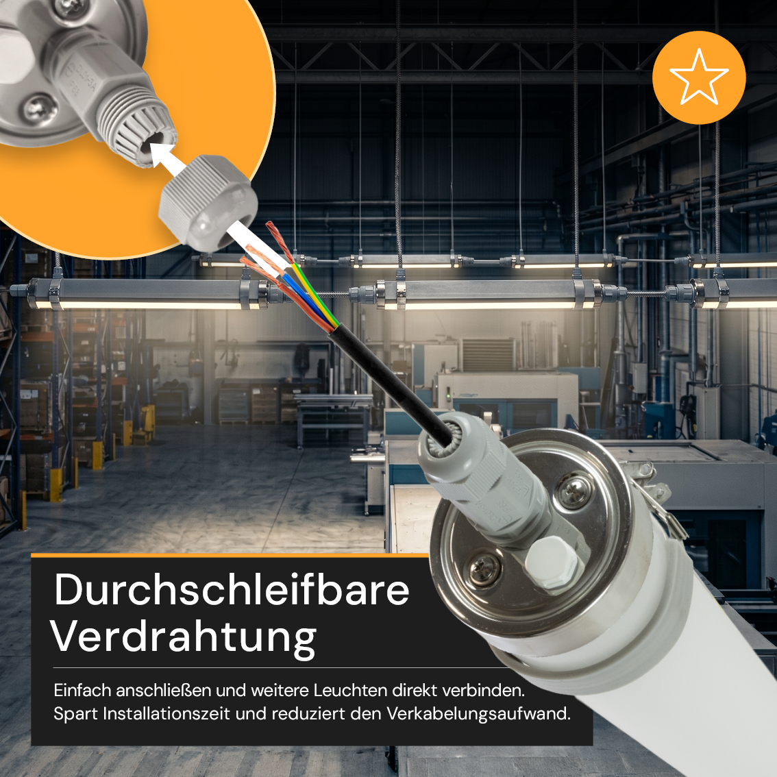 LED-Feuchtraumleuchte, 60 cm, 18 W, 2520 lm, 4000 K, IP69K, ammoniakbeständig, Brandschutz, durchschleifbar, Rohrleuchte.