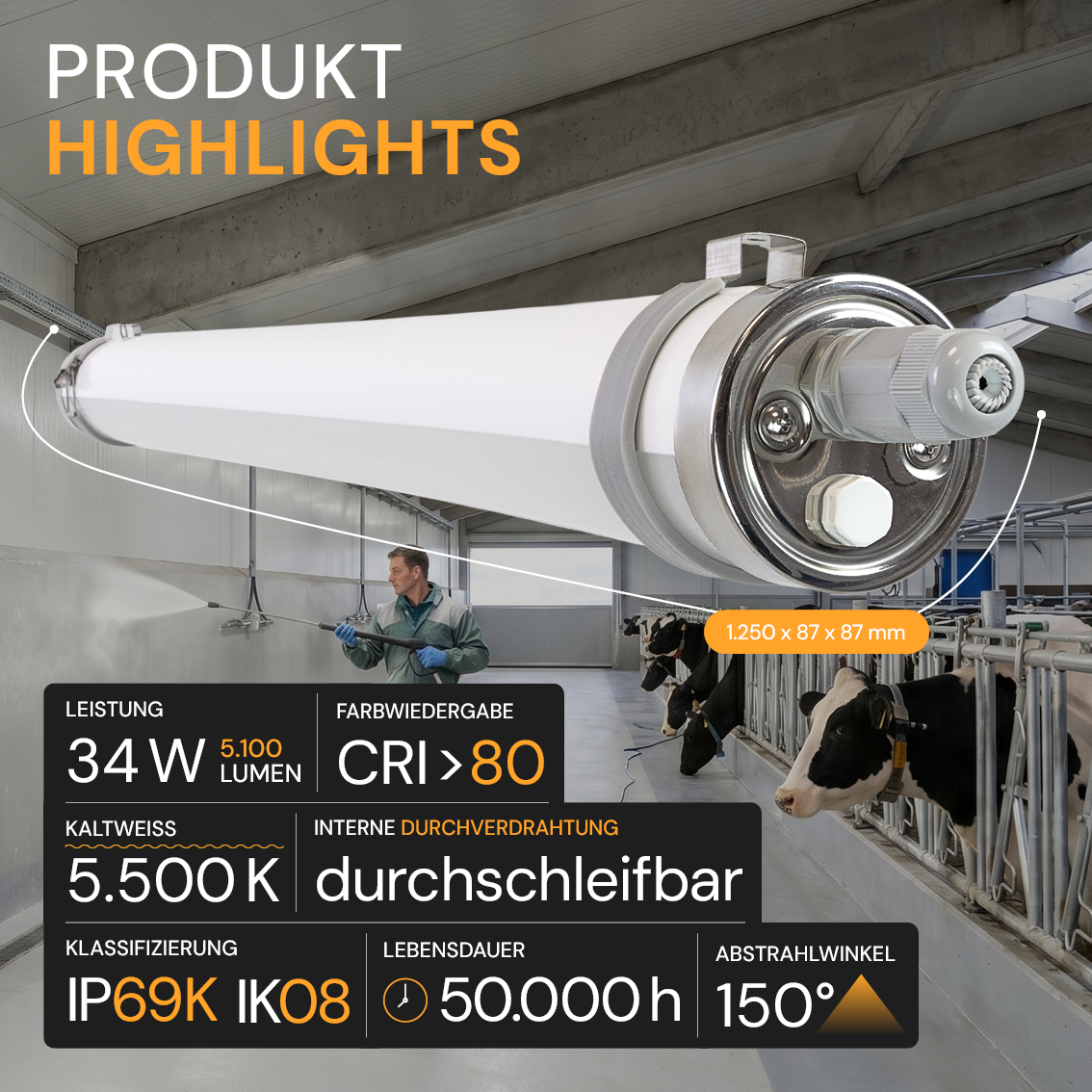 LED-Feuchtraumleuchte, 120 cm, 34 W, 5100 lm, 5700 K, IP69K, ammoniakbeständig, Brandschutz, durchschleifbar, Rohrleuchte