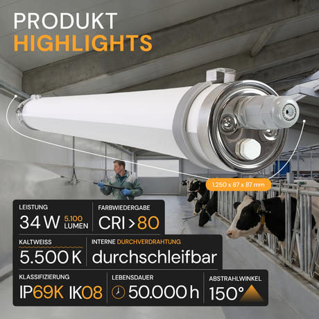 LED-Feuchtraumleuchte, 120 cm, 34 W, 5100 lm, 5700 K, IP69K, ammoniakbeständig, Brandschutz, durchschleifbar, Rohrleuchte