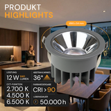 LED Einbauleuchte CCT Downlight,12 W, 2700–6500 K, CRI90,