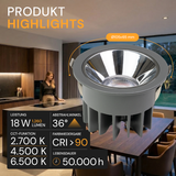 LED Einbauleuchte CCT Downlight, 18 W, 2700–6500 K, IP65, CRI90