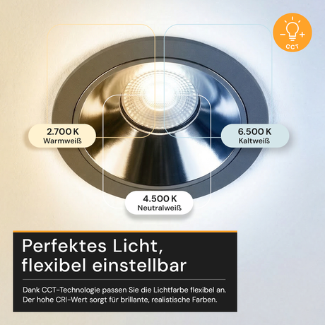 LED Einbauleuchte CCT Downlight, 1750 lm, 2700–6500 K, IP65, CRI90