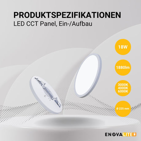 LED CCT Ein-/Aufbauleuchte, 18W, 1880 lm, ø225x17mm, 3000-4000-6000K einstellbar, Lochdurchm. variabel.
