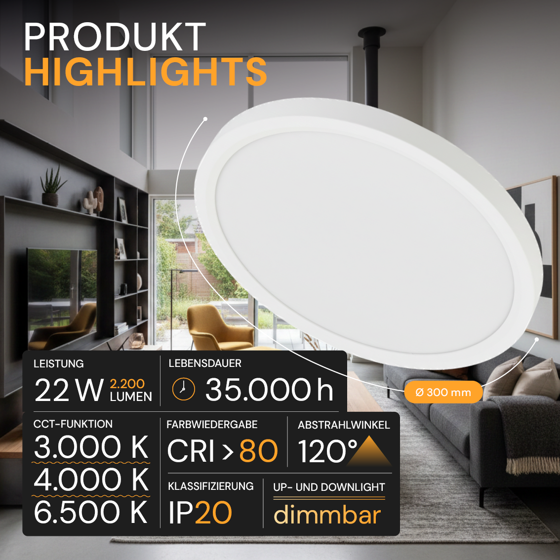 LED Panel mit Fernbedienung, Ø30 cm, weiß, rund, 22 W, 2200 lm, dimmbar, Lichtfarbe einstellbar 3000-6500 K, Slim Design, Nachtlichtmodus.