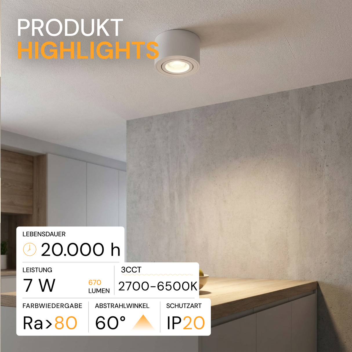 LED Aufbauspot, 7 W, 670 lm, 3CCT, dimmbar, schwenkbar, Aluminium, weiß