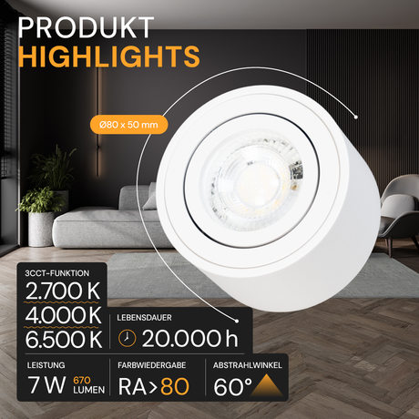 LED Aufbauspot, 7 W, 670 lm, 3CCT, dimmbar, schwenkbar, Aluminium, weiß