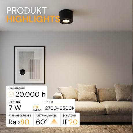 LED Aufbauspot, 7 W, 670 lm, 3CCT, dimmbar, schwenkbar, Aluminium, schwarz