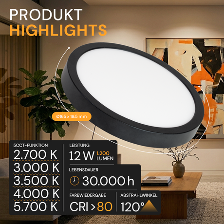 LED CCT Panel, Ein-/Aufbau, Schwarz, 12 W, 1200 lm, Ø165 mm, 5CCT (2700 K– 5700 K), Lochdurchm. variabel, Anschlussbox.