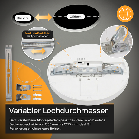 LED CCT Panel, Ein-/Aufbau, 18 W, 1800 lm, Ø215 mm, 5CCT (2700 K– 5700 K), Lochdurchm. variabel, Anschlussbox.