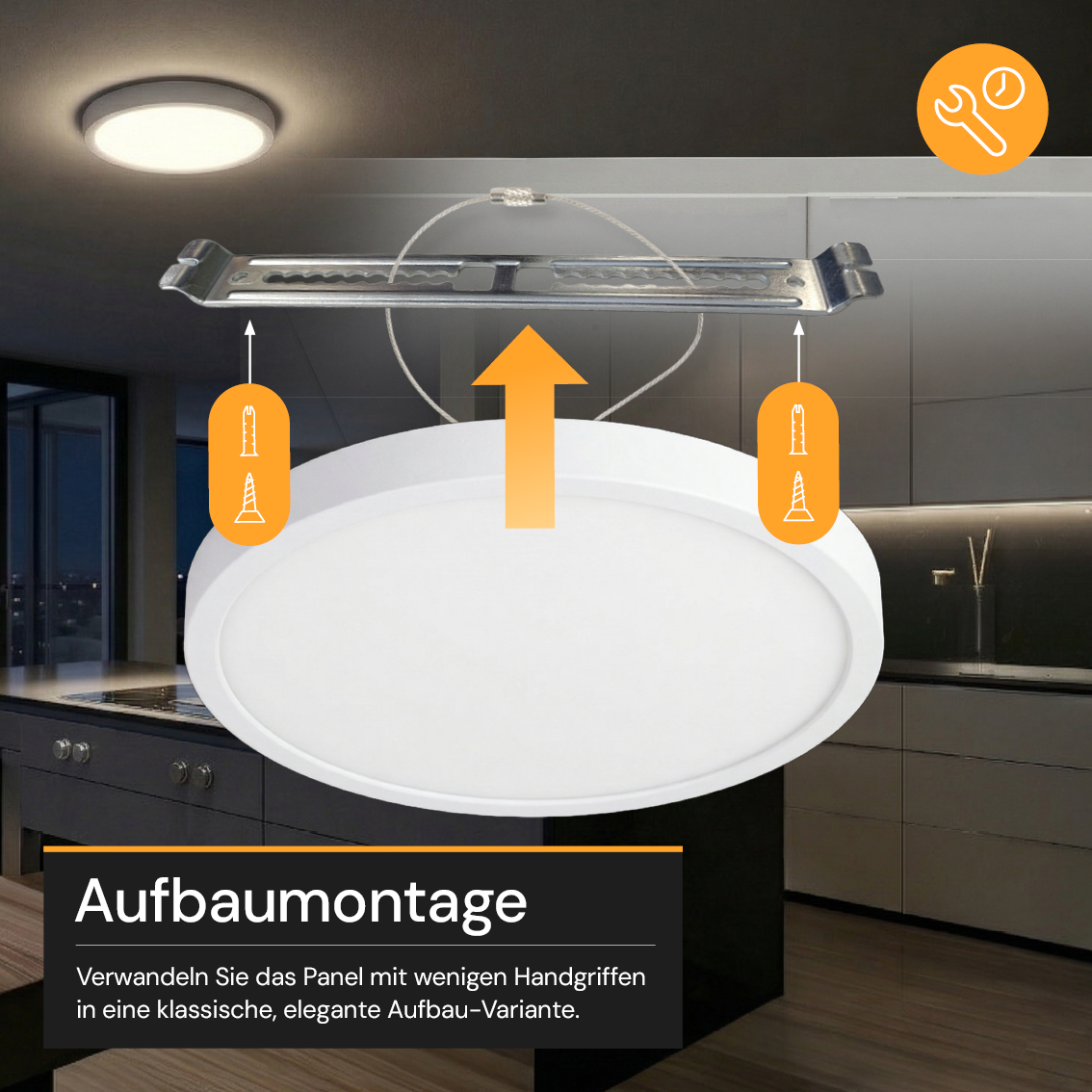 LED CCT Panel, Ein-/Aufbau, 18 W, 1800 lm, Ø215 mm, 5CCT (2700 K– 5700 K), Lochdurchm. variabel, Anschlussbox.
