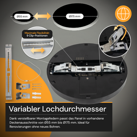 LED CCT Panel, Ein-/Aufbau, Schwarz, 18 W, 1800 lm, Ø215 mm, 5CCT (2700 K– 5700 K), Lochdurchm. variabel, Anschlussbox.