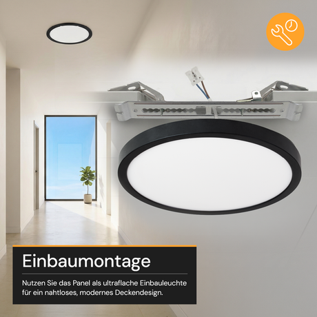 LED CCT Panel, Ein-/Aufbau, Schwarz, 18 W, 1800 lm, Ø215 mm, 5CCT (2700 K– 5700 K), Lochdurchm. variabel, Anschlussbox.