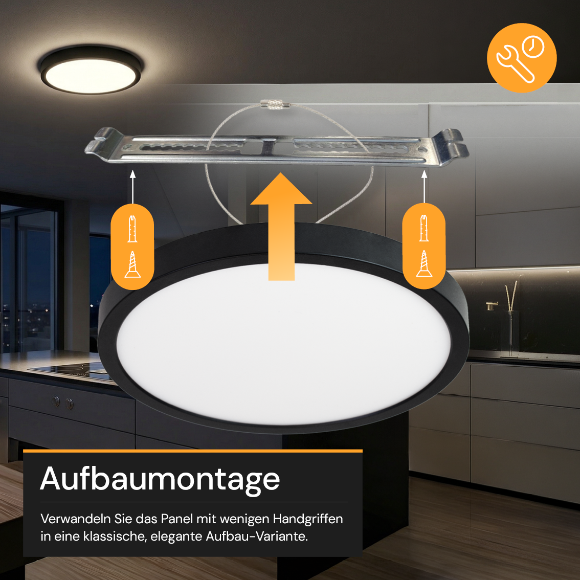 LED CCT Panel, Ein-/Aufbau, Schwarz, 18 W, 1800 lm, Ø215 mm, 5CCT (2700 K– 5700 K), Lochdurchm. variabel, Anschlussbox.