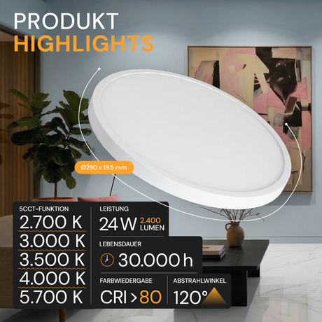 LED CCT Panel, Ein-/Aufbau, 24 W, 2400 lm, Ø290 mm, 5CCT (2700 K– 5700 K), Lochdurchm. variabel, Anschlussbox.